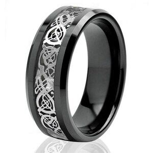 Men's Wedding Band - Silver Celtic Dragon Black Tungsten Carbon Ring for Men